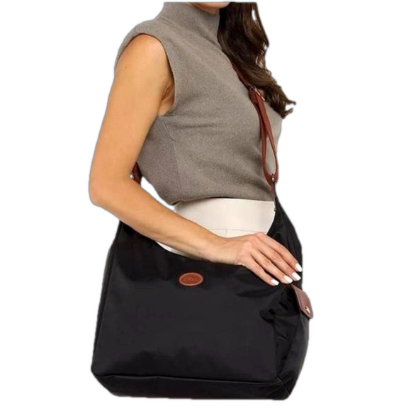 Longchamp Handbags - LONGCHAMP Le Pliage Hobo Messenger Bag Black wTan leather Trim, canvas straps